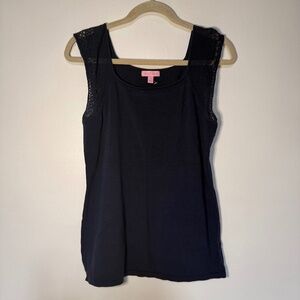 Lilly Pulitzer Navy Blue 100% Cotton Crochet Lace Sleeve Tank Top Coastal